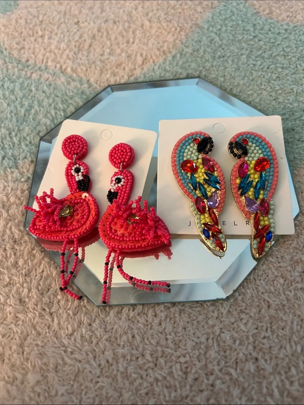 Handmade Beaded Flamingo & Colorful Parrot Statement Earrings - Pink, Multi - Picture 1 of 11